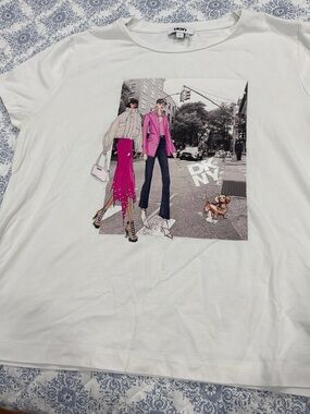 DKNY White Graphic Tee with Pink Fashion Illustration